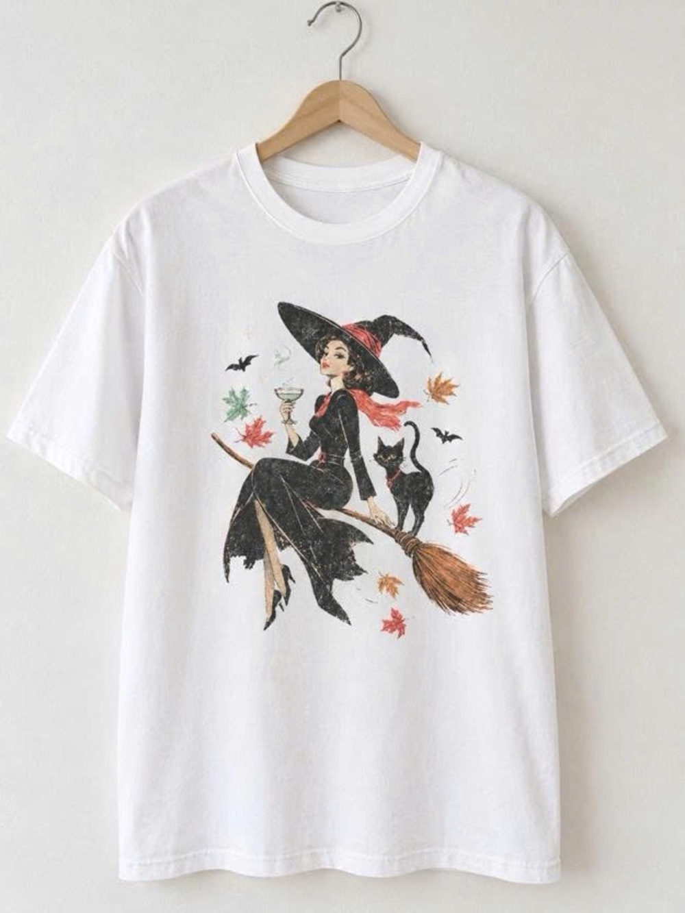 Witch Graphic T-Shirt with Black Cat